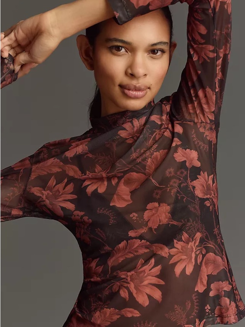 Anthropologie Yzk 2000 Retro Sheer Floral Mesh Long-Sleeve Turtleneck in Rust - Picture 2 of 11